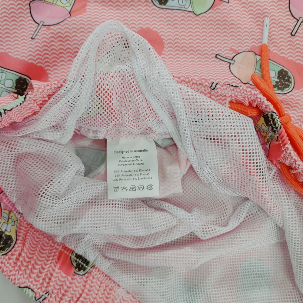 Mosmann Australia Mens XL Pink Boba Tea Print Swim Trunks Stretch Board‎ Shorts